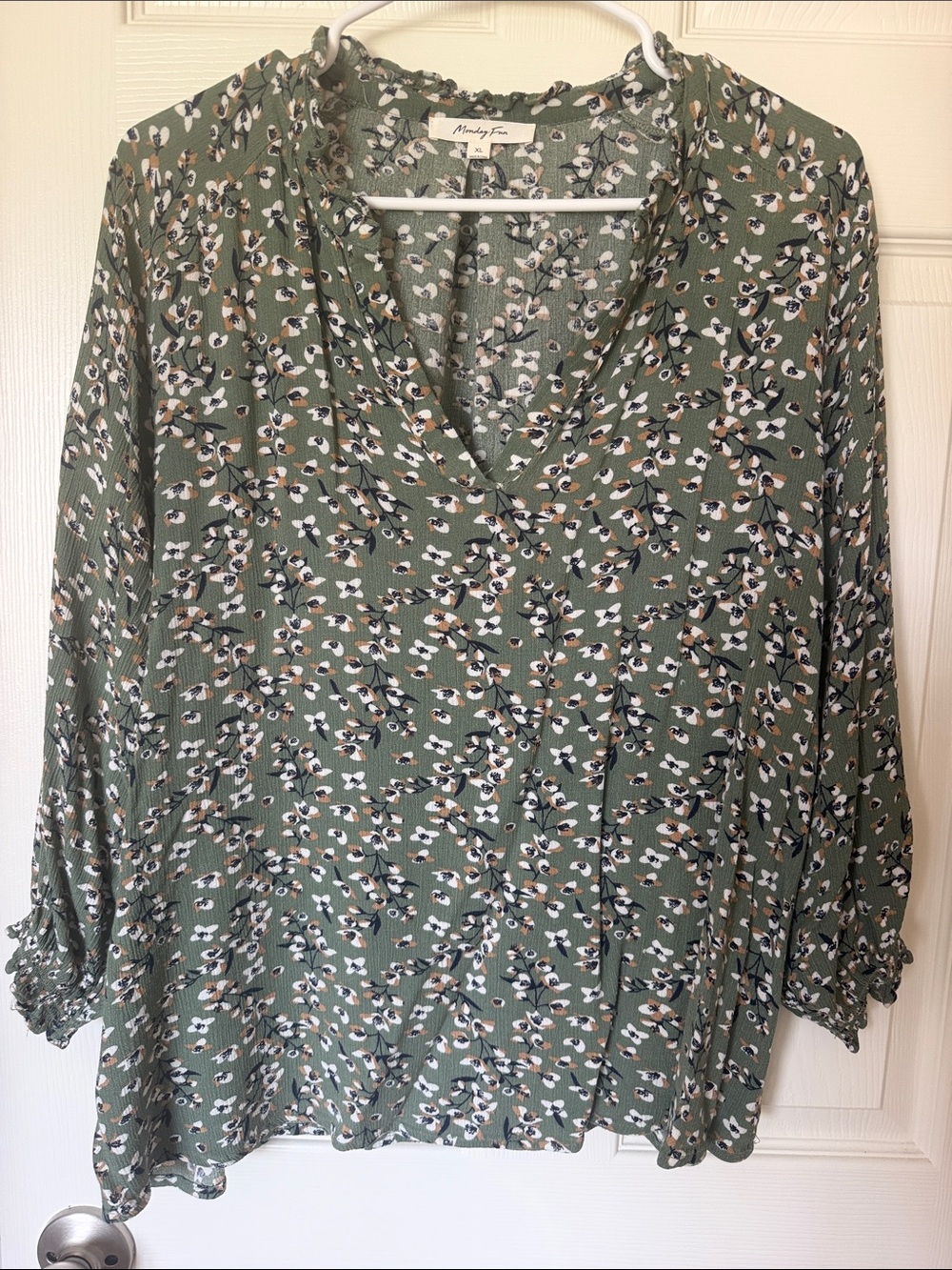 Monday Fun Olive Green Floral V-Neck Blouse